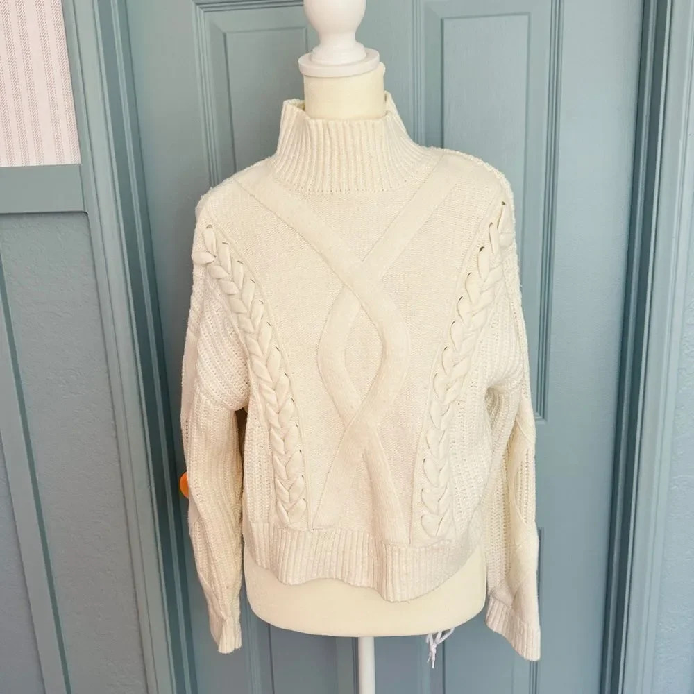 Elizabeth and James Cable Knit Cream Turtleneck Crop Sweater - Picture 2 of 9